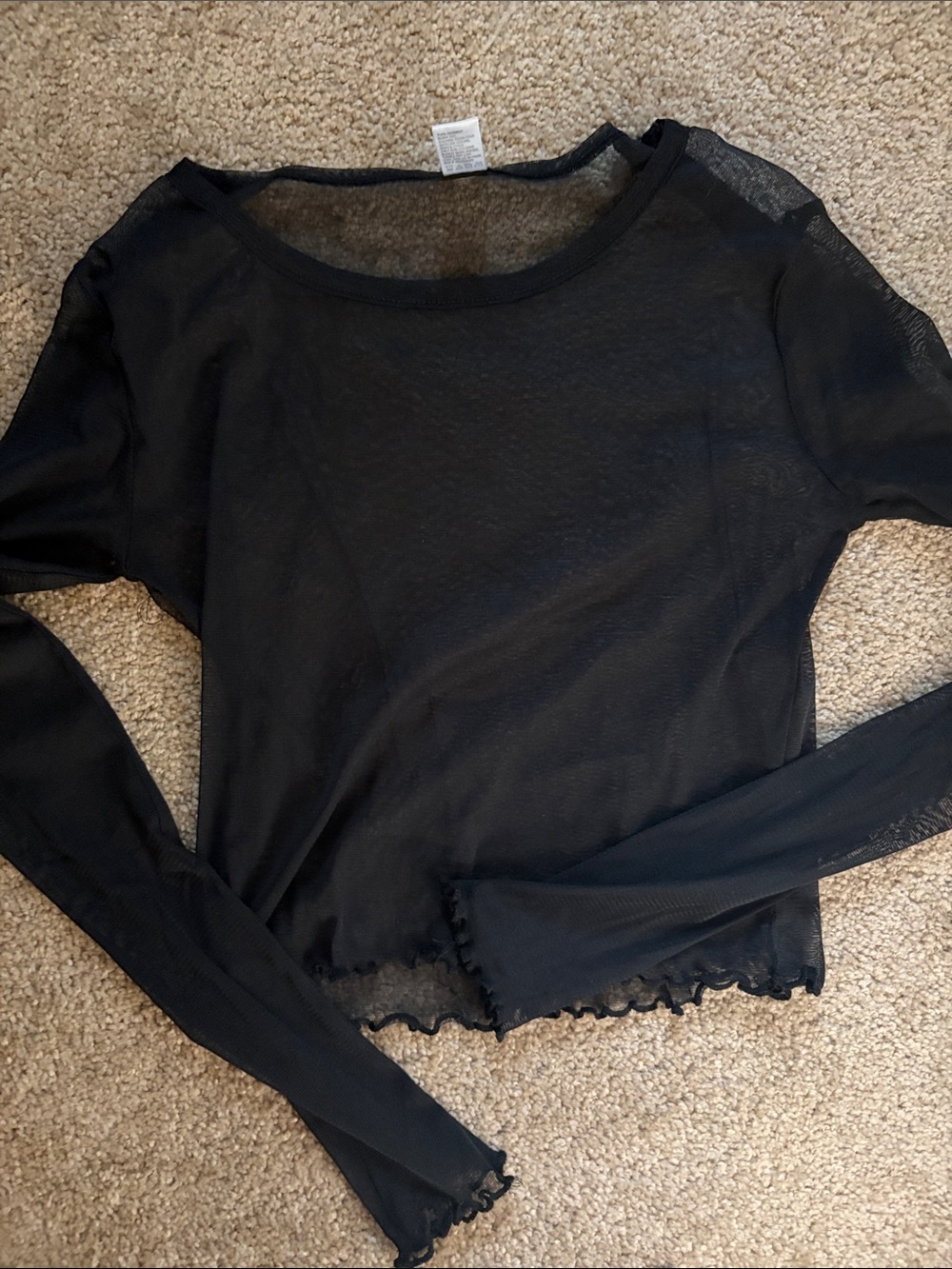 Source Unknown Black Sheer Long Sleeve Mesh Top with Lettuce Hem